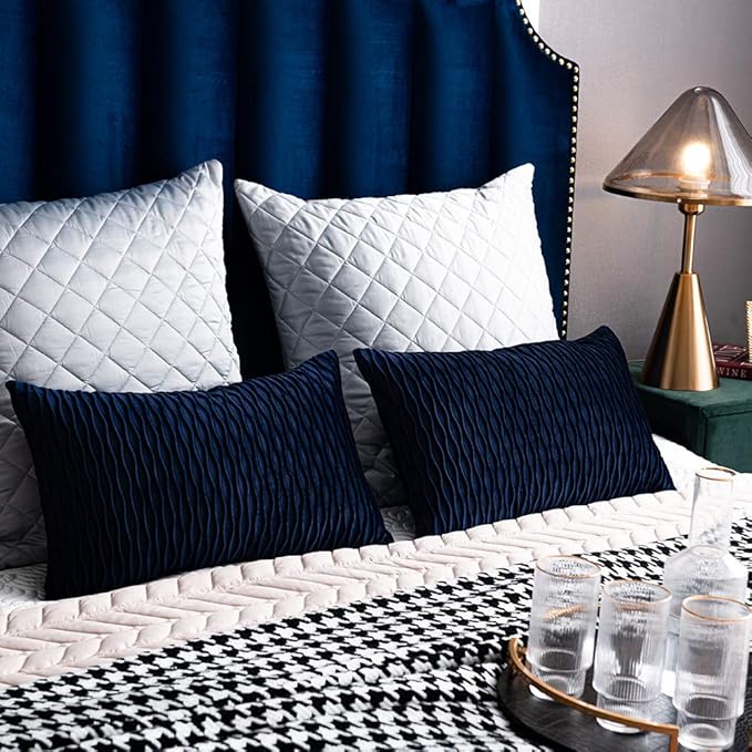 Navy Striped Couch Pillow Cases: 2 Pack 12x20 Inch Original Velvet Rectangular Throw Pillow Covers for Farmhouse Home Decor