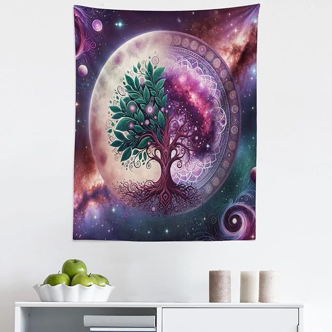 Ambesonne Purple Tapestry, Galaxy Tree of Life Design Space and Earthy Side Branches Universe Art, Fabric Wall Hanging Decor for Bedroom Living Room Dorm, 23" X 28", Teal Plum and Lavender