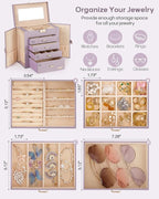 Homde Valentine's Day Gifts Synthetic Leather Huge Jewelry Box Mirrored Watch Organizer Necklace Ring Earring Storage Lockable Gift Case (Grey Purple + Gold)