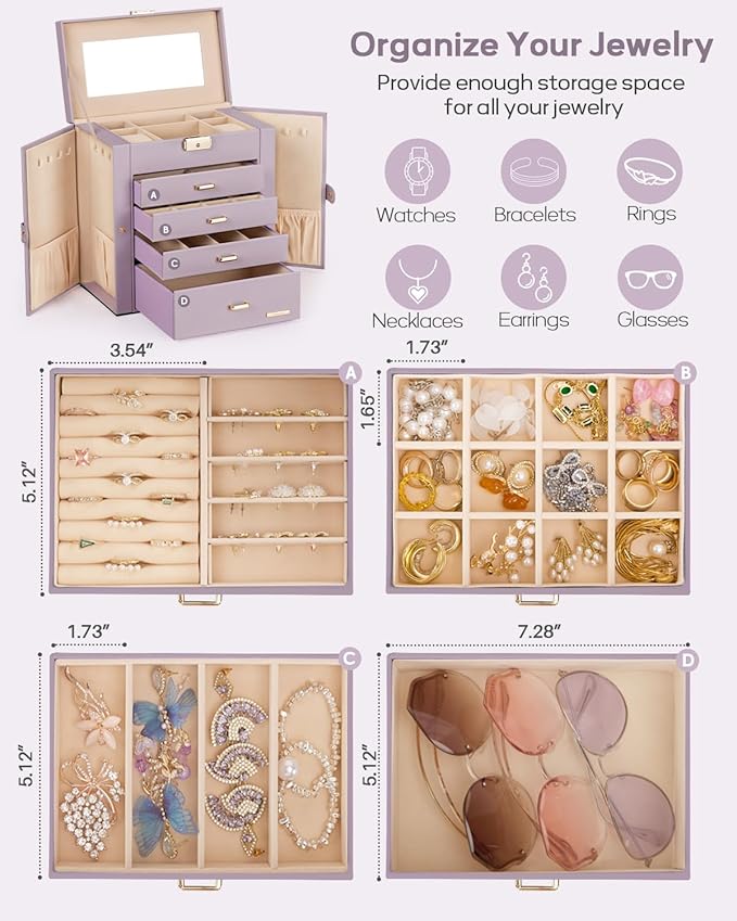 Homde Valentine's Day Gifts Synthetic Leather Huge Jewelry Box Mirrored Watch Organizer Necklace Ring Earring Storage Lockable Gift Case (Grey Purple + Gold)
