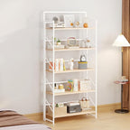 JSB Folding Bookshelf,Industrial Storage Shelves, No Assembly Vintage Wood Look Bookshelf with Storage Shelves for Living Room, Bedroom, Office (White, Wide 5-Tier)