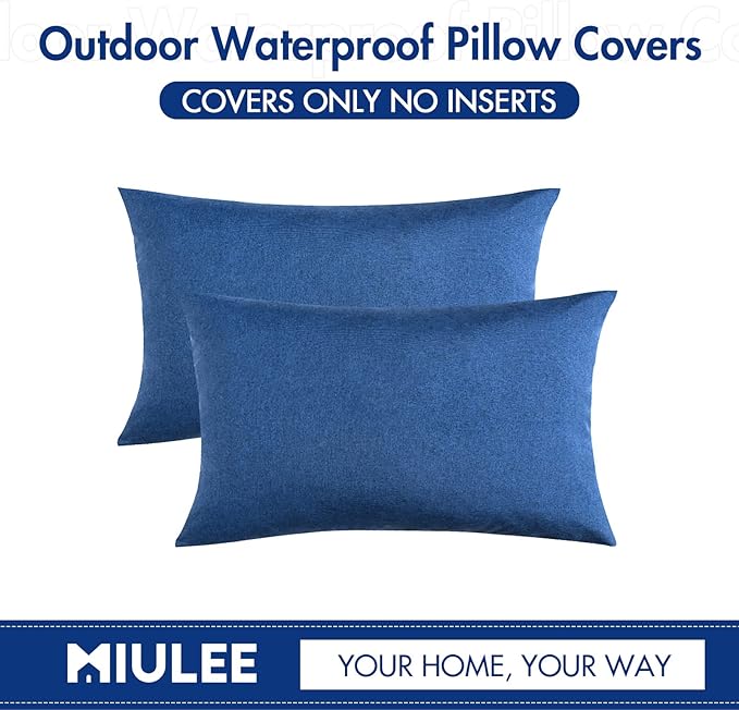 MIULEE Pack of 2 Decorative Outdoor Solid Waterproof Throw Pillow Covers Faux Linen Garden Farmhouse Coastal Cushion Cases for Summer Patio Tent Balcony Couch Sofa 20x12 Inch Blue