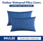 MIULEE Pack of 2 Decorative Outdoor Solid Waterproof Throw Pillow Covers Faux Linen Garden Farmhouse Coastal Cushion Cases for Summer Patio Tent Balcony Couch Sofa 20x12 Inch Blue
