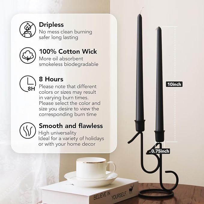 New Burning Formula Unscented Dripless 10-Inch Taper Candles Set of 12 - Black, for Wedding, Dinner - Smokeless, Long Burning - Hand Poured, Colored Tall Candlesticks - Negro