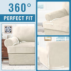 H.VERSAILTEX Sofa Cover 2 Piece T Cushion Armchair Slipcovers Thick Velvet Couch Cover Furniture Protector Stretch T Cushion Sofa Covers for 1 Cushion Couch with 1 Individual T Cushion Covers, Ivory