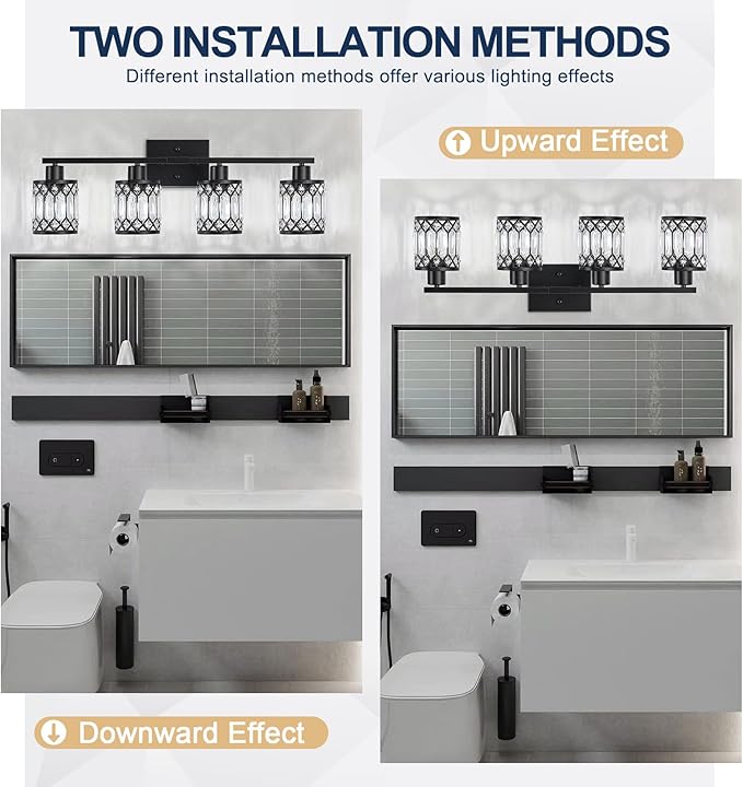 Crystal Modern Bathroom Light Fixtures, 4-Light Black Bathroom Vanity Wall Light, Vanity Lights for Mirror, Restroom, Bedroom (E26 Socket, Bulbs Not Included)
