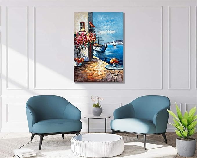 Alenoss Handmade Mediterranean Landscape Painting - 28x40 Inches Large 3D Wall Art for Home Decorations - Framed Abstract Canvas Wall Art - Contemporary Texture Wall Decor