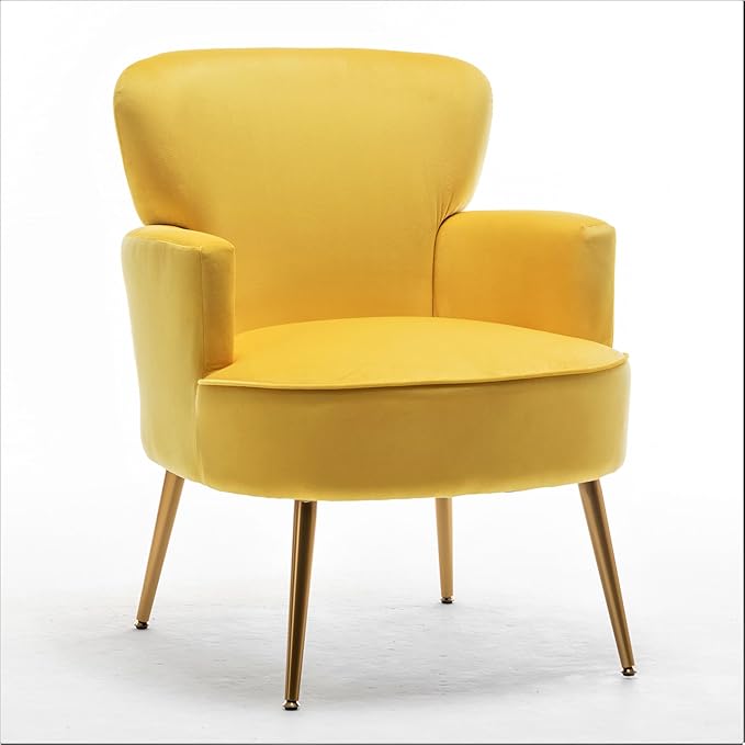 Trendy Velvet Accent Chair with Gold Metal Legs, Upholstered Armchair for Small to Mid-Size Spaces, Modern Living Room, Bedroom, Vanity Desk and Entryway, Yellow
