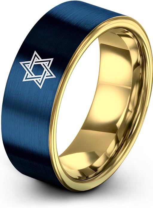 Mezuzah star Of David Ring - Gift for Jewish Family - Flat Dome Bevel - 8mm - Men Women - Yellow Gold Black Silver Blue - Anniversary Wedding - Personalized Custom Engraving - Band - Brushed Polished