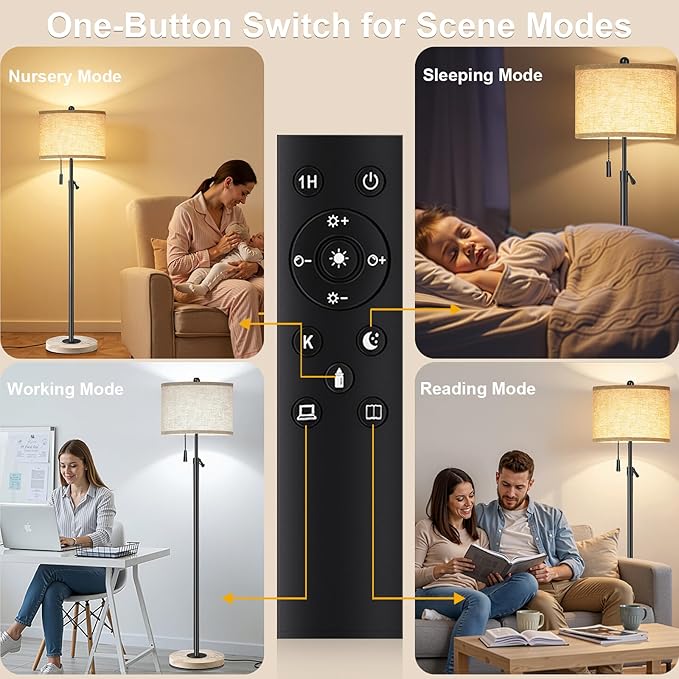 Floor Lamp for Living Room, Floor Lamp with Remote Control, Adjustable Height Modern Standing Lamp with Marble Base & Linen Shade, Dimmable Tall Floor Light for Bedroom, Reading Black