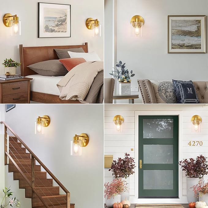 1-Light Wall Sconce Gold,Vanity Light, Wall Mount Bathroom Mirror Fixtures, Brass Bathroom Light fixtures with Clear Glass Shade for Bedroom, Entrance, Hallway, Living Room (1 Pack)