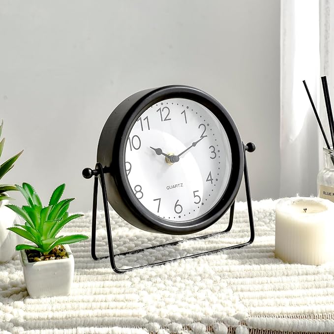 Vintage Black Table Clock - Decorative Battery Operated Desk Clock with Stand, Silent Non-Ticking for Living Room Shelf Decor, 8.6 x 7.8 Inches