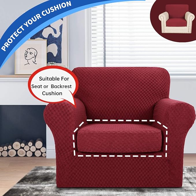YEMYHOM Stretch Individual Cushion Covers Sofa Chair Seat Cushion Slipcovers Soft Couch Cover Replacement Large Checkered Furniture Protector with Elastic Bottom (1 Pc Cushion Cover, Wine Red)