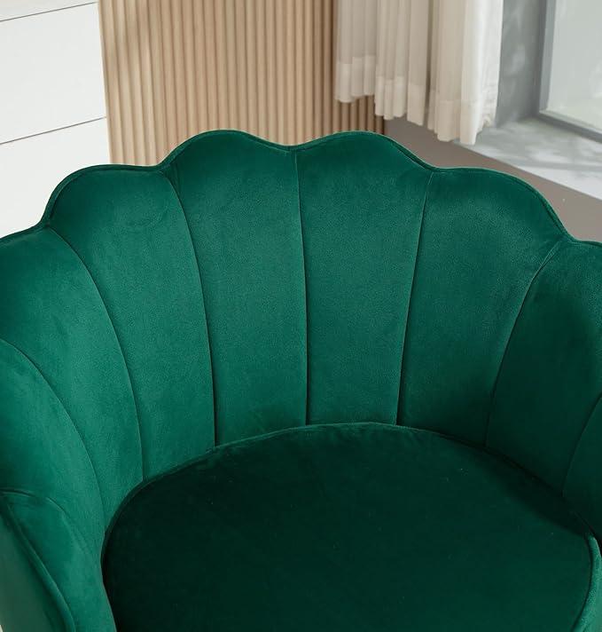 Velvet Barrel Accent Chair with Scalloped Silhouette and Gold Metal Legs, Decorative Piece Suitable for Traditional, Modern, and Contemporary Spaces, Green