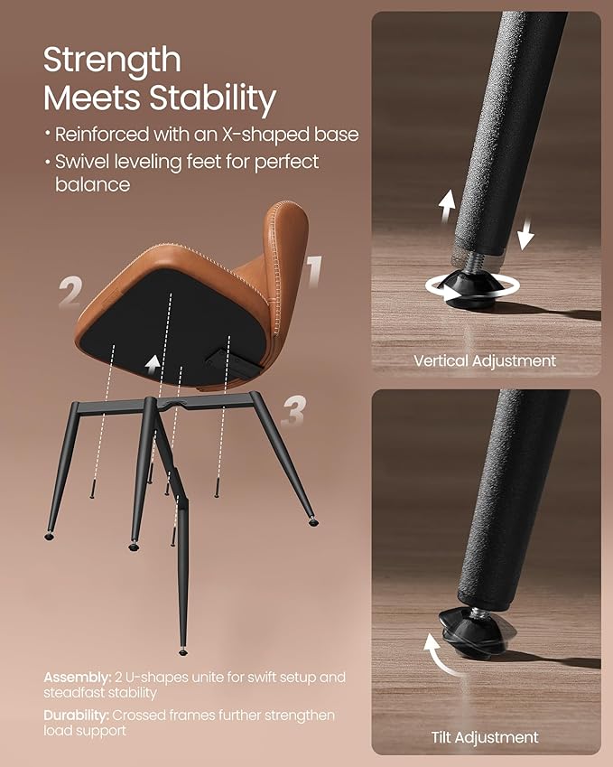 VASAGLE EKHO Collection - Dining Chairs Set of 6, Upholstered Kitchen Chairs, Comfortable Seat, Synthetic Leather with Stitching, Mid-Century Modern, Easy Assembly, Living Room Lounge, Caramel Brown