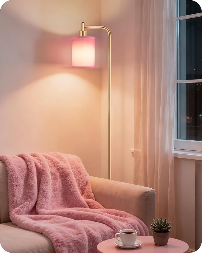 Dimmable Floor Lamp for Living Room with Remote and Foot Switch, Modern Standing, Corner Lamp,10W Bulb 3 Color Temperatures, for Bedroom, Office, Corner, ETL Listed, Gold and Pink DP19LD05
