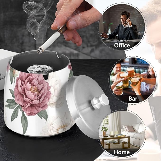 Peony Flower Ashtray with Lid, Outdoor Ashtrays for Patio, Stainless Steel Ashtray Odorless Smokeless for Home Office Balcony