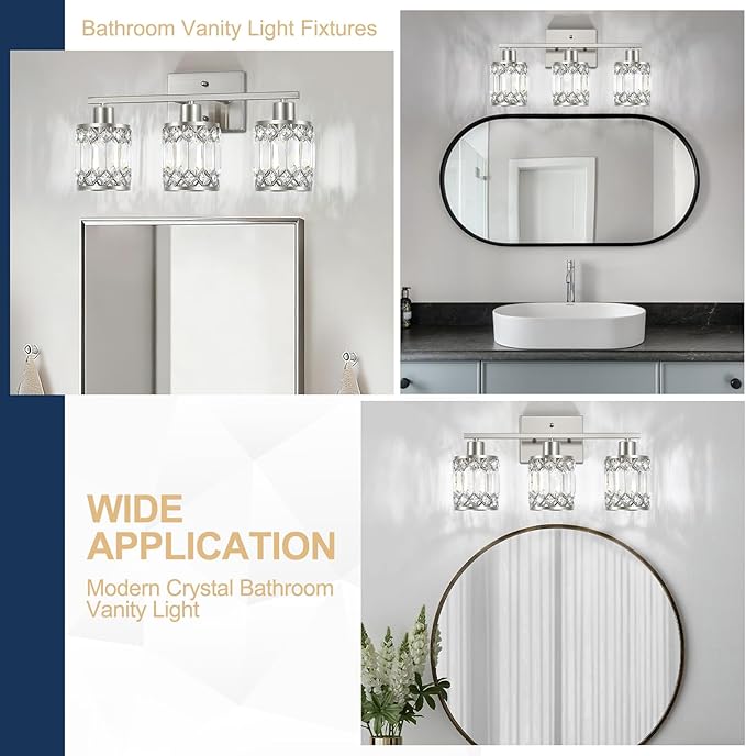 Crystal Modern Bathroom Light Fixtures, 3-Light Brushed Nickel Bathroom Vanity Wall Light, Vanity Lights for Mirror, Restroom, Bedroom (E26 Socket, Bulbs Not Included)