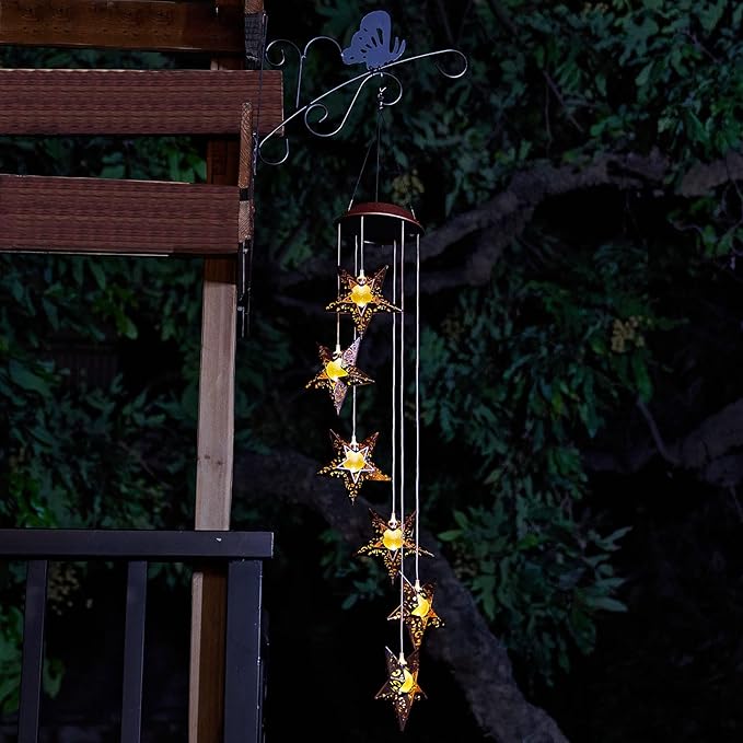 Tryme Solar Wind Chimes Star Wind Chime Warm LED Hanging Solar Lights Unique Garden Decor Memorial Thanksgiving Gifts for Mom Grandma Sister Home Party