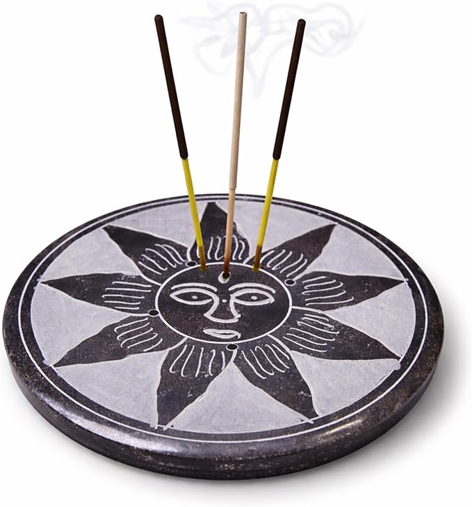 Marble Black Soapstone Incense Stick Holder | Handmade Round Incense Burner with Sun Carving | Decorative Ash Catcher for Home, Office, Meditation & Puja Décor