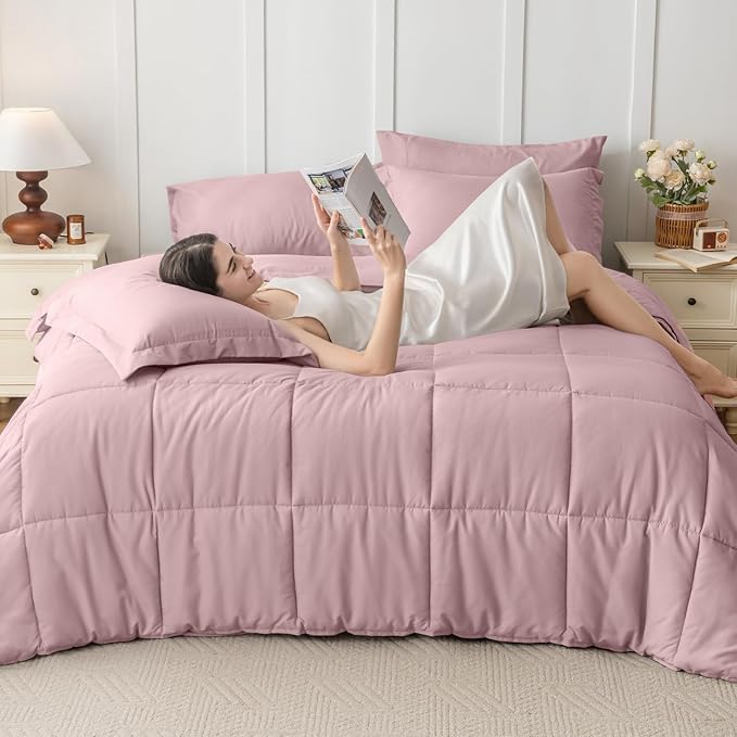 JOLLYVOGUE Twin Comforter Set, Ultra-Soft Bed in a Bag Twin Size 5 Pieces, Oeko-TEX Certified Bedding Set with Down Alternative Comforter, Sheets, Pillowcases & Shams, Camio Pink