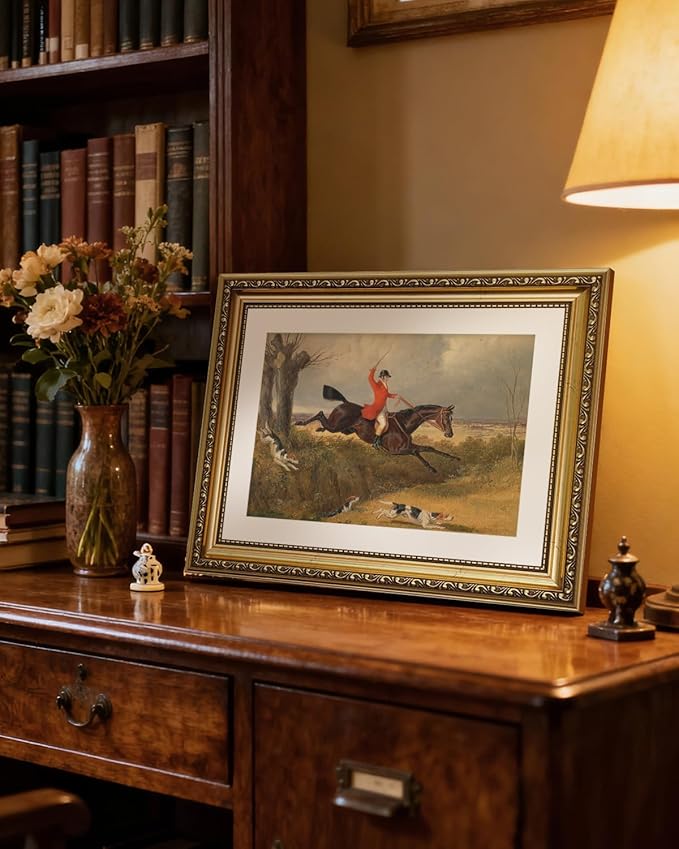 ARPEOTCY Gold Framed Canvas Wall Art, 11x14 Inch Vintage Equestrian Fox Hunting Painting, Classic Horse and Rider Artwork, English Country Hunt Decor for Living Room, Office, or Study