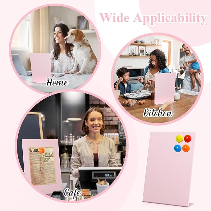 Shimeyao 2 Pcs Pink Magnetic Bulletin Board for Tabletops with 8 Magnets 12 x 8.5 Inch Memo Display Easel Stand for Home Office School Kitchen Table Supplies (Square)