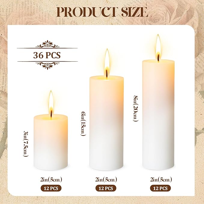 36 Pack White Pillar Candles Bulk Set, 2x3 2x6 2x8 Inch - 12 Each Size, Dripless Smokeless Clean Burning for Wedding Centerpieces, Home Decor, Church, Romantic Ambiance！