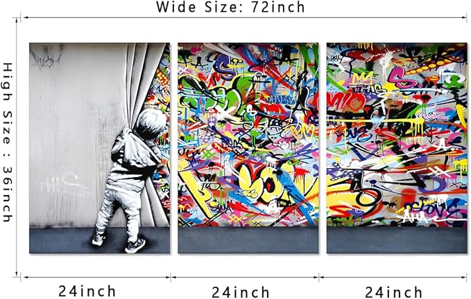 Novatique Graffiti Canvas Wall Art Banksy Wall Art Modern Pop Behind the Curtain Graffiti Painting Canvas Print for Living Room Bedroom, 24"x 36"x 3Pcs