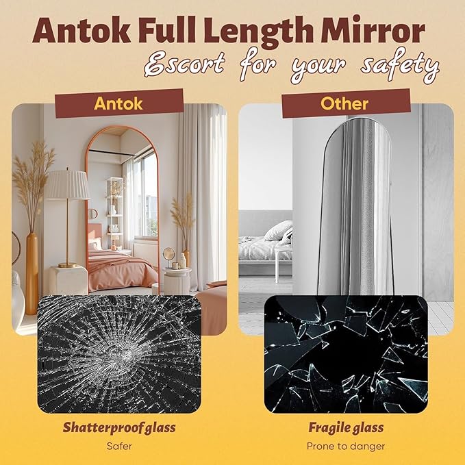 Antok Full Length Mirror, 58"x18" Floor Mirror, Arched Floor Standing Freestanding Arch Full Body Mirrors with Stand for Bedroom, Hanging Mounted for Living Room Cloakroom,Orange