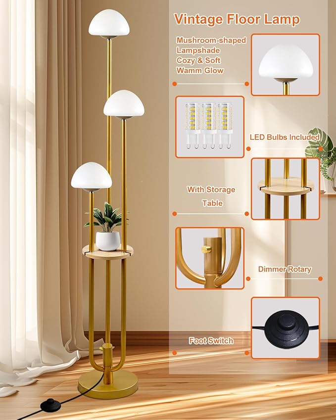 Lightdot Gold Dimmable Floor Lamp with Table, Modern Floor Lamps for Living Room, 3000K Warm Lights Tall Standing Lamp with Mushroom Shades & Bulbs Included for Bedroom/Sofa Beside/Corner Decor