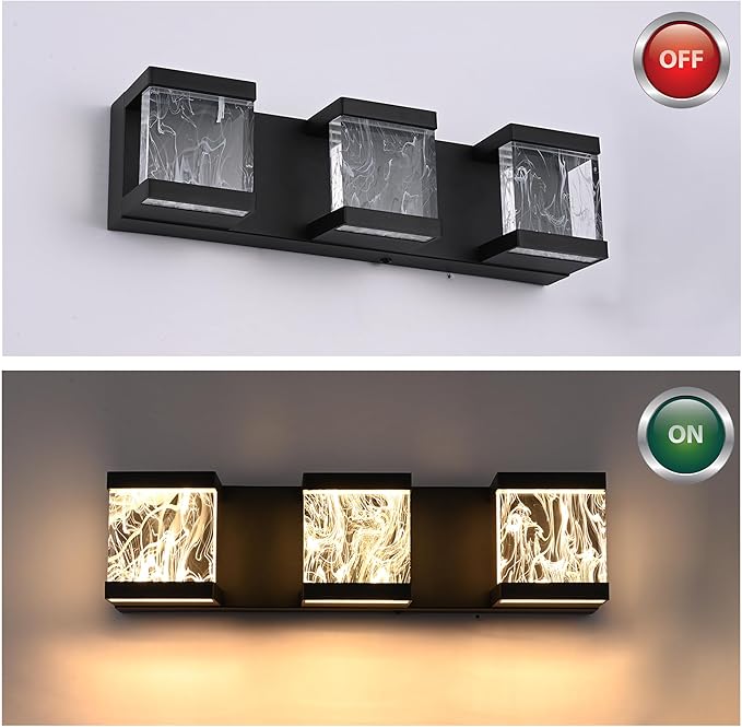 MELUCEE Modern LED Bathroom Lights Over Mirror 15W 3 Lights LED Vanity Light Bar with Unique Smoke Acrylic Panel Black Bathroom Wall Light Fixtures for Bath Powder Room, 3000K Warm Lighting