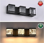 MELUCEE Modern LED Bathroom Lights Over Mirror 15W 3 Lights LED Vanity Light Bar with Unique Smoke Acrylic Panel Black Bathroom Wall Light Fixtures for Bath Powder Room, 3000K Warm Lighting
