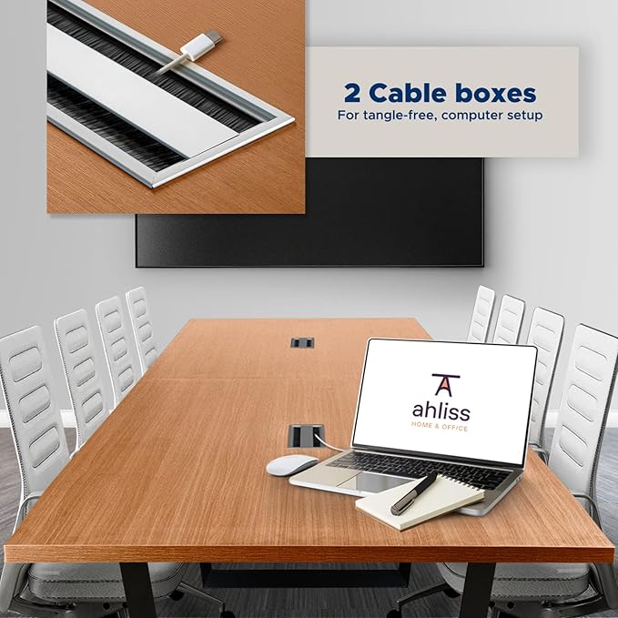 Sturdy Conference Table with Cable Management Grommets Modern Rectangle Office Meeting Table with Wood Tabletop and Metal Frame & Legs- Easy Assembly Boardroom Table (Natural, 8 Foot)