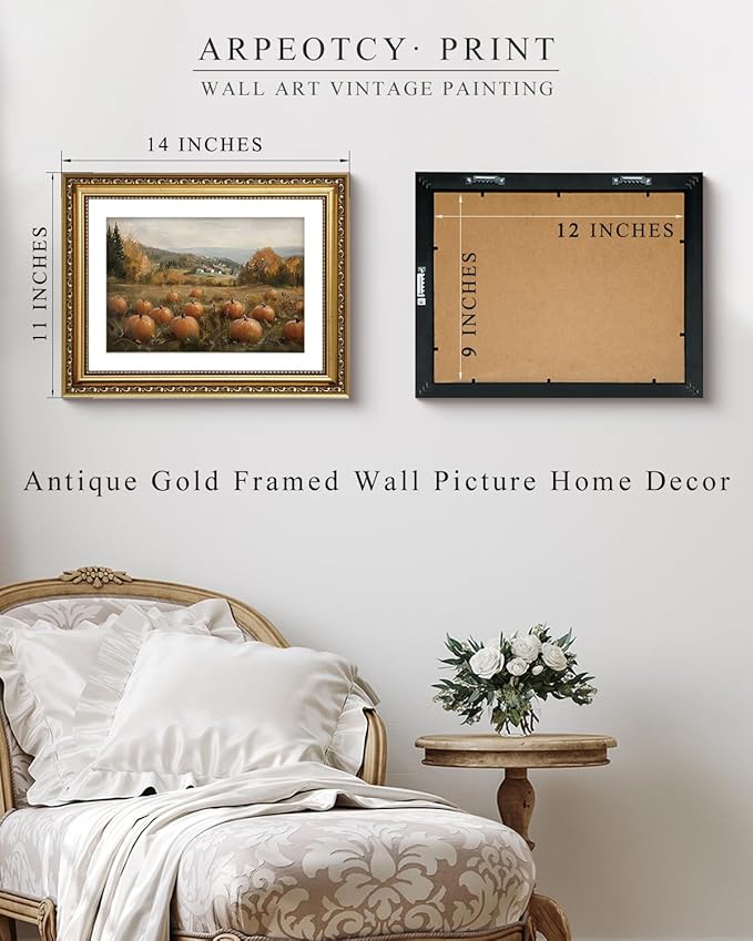 ARPEOTCY Vintage Gold Framed Wall Art Decor, 11x14 Inch Pumpkin Field Picture Artwork, Classical Farmhouse Fall Wall Art for Living Room Bedroom Study, Retro kitchen Autumn Decor Aesthetic