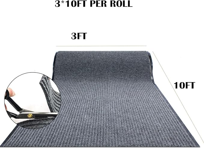 3x10Ft Commercial Indoor Outdoor Rug Grey Brush Step Entrance Floor Mat Commercial Runner Rugs with Rubber Backing for Hallways