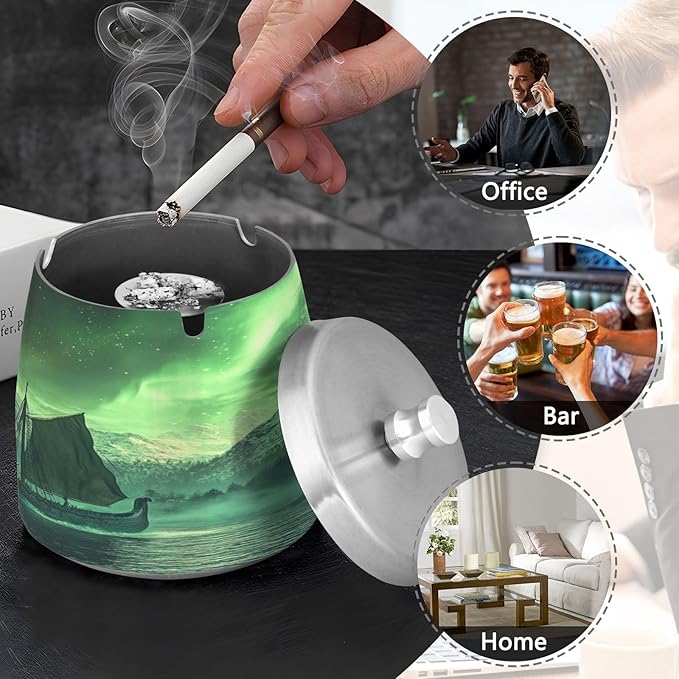 Polar Lights Sailboat Ashtray with Lid, Outdoor Ashtrays for Patio, Stainless Steel Ashtray Odorless Smokeless for Home Office Balcony