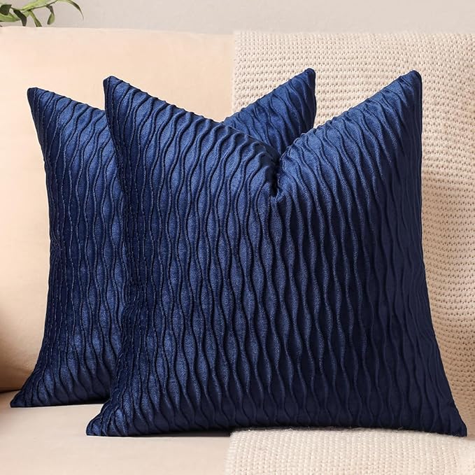 Navy Striped Couch Pillow Cases: 2 Pack 18x18 Inch Original Velvet Square Throw Pillow Covers for Farmhouse Home Decor
