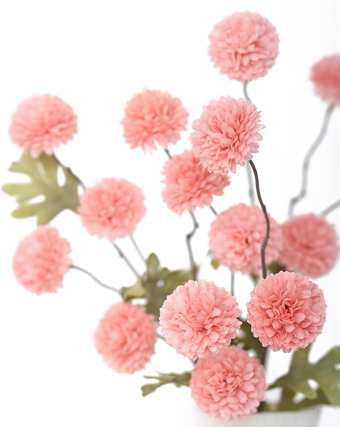 DuHouse 6pcs Artificial Flowers Faux Silk Pompon Mum,Silk Small Mini Chrysanthemum Ball with Stems for DIY Bouquets Centerpieces Vase Home Table Kitchen Decorations(Blush)