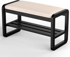 Solid Wood Shoe Rack, 2 Tier Shoe Storage Bench with Cushion Seat, 8 Pair Shoe Organizer for Entryway, Black, 32 Inch