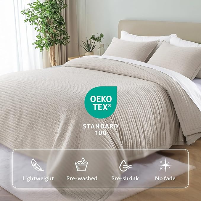 Kasentex WX1804-CML Quilt Mini Set-Stone Washed-Super Soft Bedspread-Light Weight-White Down Alternative Microfiber Fill-Machine Washable-Solid Colors, Twin + 2 Shams, Camel