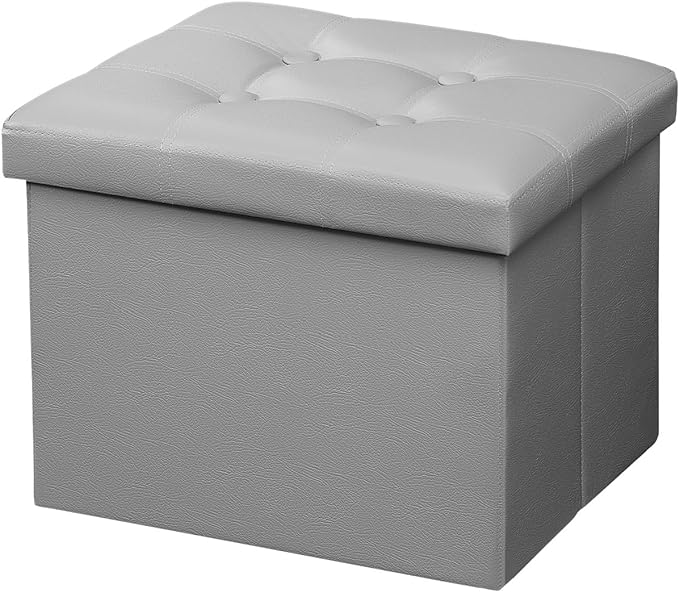 AmasSmile Storage Ottoman Folding Foot Rest Stool, Leather Footstool Bench, Short Ottoman Stool, Storage Foot Rest Store, Books (Grey, 17" D x 13" W x 13" H)