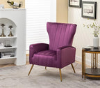 Modern Velvet Accent Chair, Channel Tufted Bedroom, Office or Living Room Furniture with Elegant Metal Legs, 26" Wide Armchair, Purple