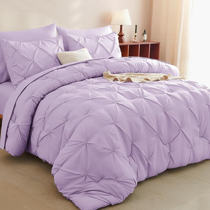 CozyLux King Size Comforter Set Lavender, 7 Pieces Bed in A Bag Light Purple Comforter King Size, Pinch Pleat Bedding Set with All Season Comforter, Sheets, Pillowcases & Shams