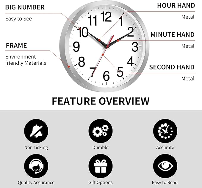 14 Inch Wall Clock Modern Battery Operated Silent Non Ticking Analog Clock Decorative for Bedroom Kitchen Bathroom Office Home Living Room (Silver)