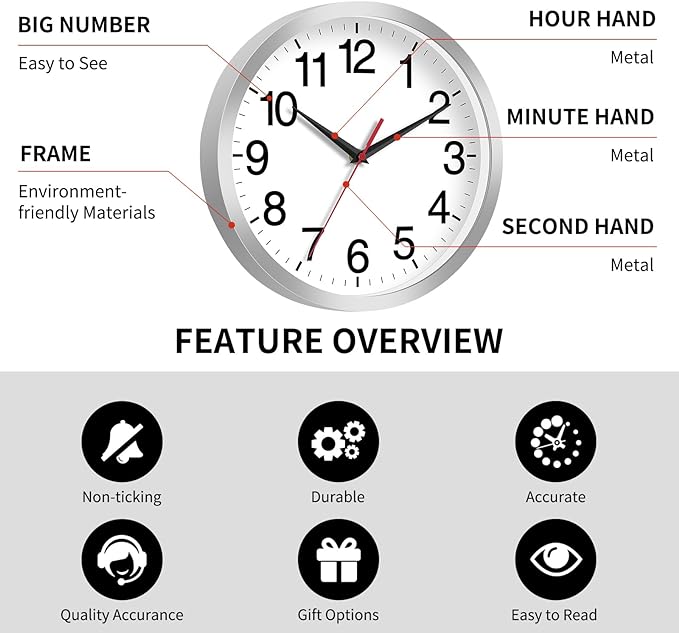 12 Inch Wall Clock Modern Battery Operated Silent Non Ticking Analog Clock Decorative for Bedroom Kitchen Bathroom Office Home Living Room (Silver)