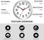 12 Inch Wall Clock Modern Battery Operated Silent Non Ticking Analog Clock Decorative for Bedroom Kitchen Bathroom Office Home Living Room (Silver)
