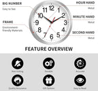 Wall Clock Modern 10 Inch Battery Operated Silent Non Ticking Analog Clock Decorative for Bedroom Kitchen Bathroom Office Home Living Room (Silver)