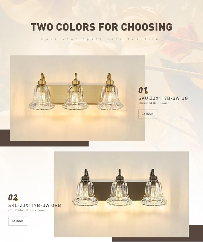 zeyu 3-Light Gold Bathroom Vanity Light with Clear Striped Glass, Modern Brass Vanity Light for Bathroom Mirror, 22 Inch Bathroom Lights Over Mirror, ZJX117B-3W BG