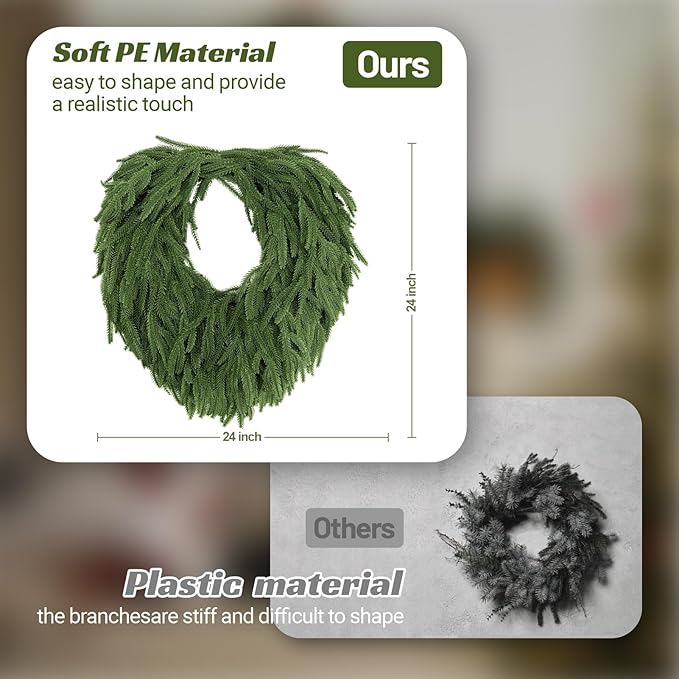 24" Norfolk Pine Wreath, Artificial Christmas Wreaths, Real Touch Green Winter Garland for Front Door Wall Window Indoor Outdoor Christmas Home Holiday Decor, FF13